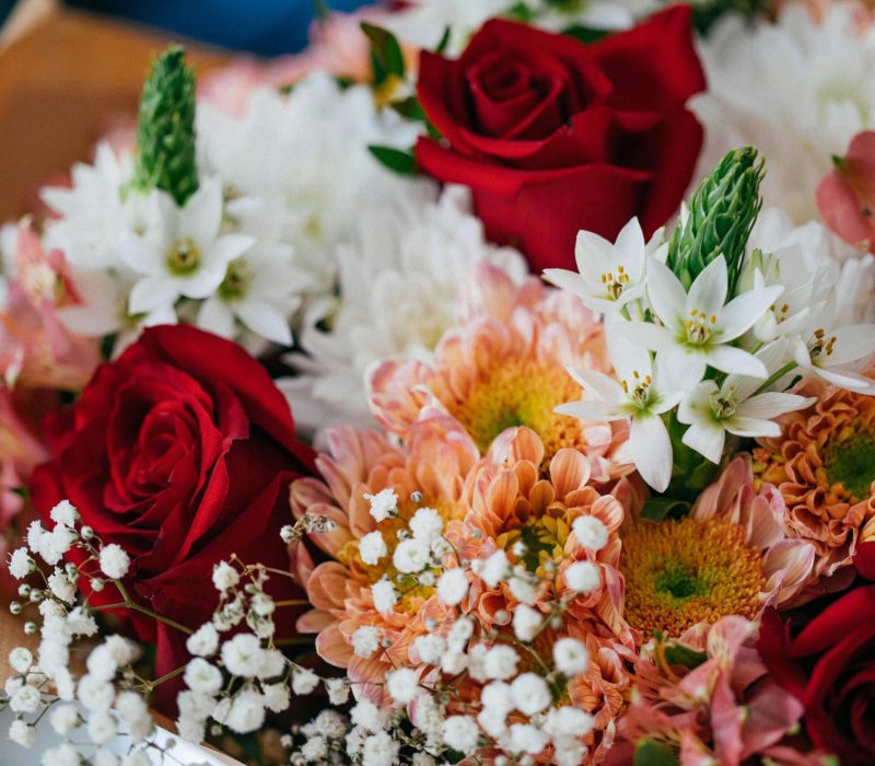 A colorful bouquet featuring red roses, white star of Bethlehem, and chrysanthemums.
